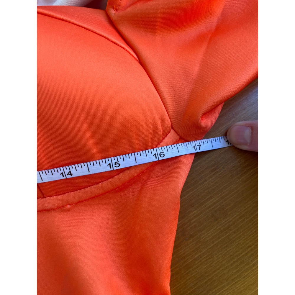 Orange Tropical Graphic Bustier Mini Dress Puff Sleeve Sweetheart Neck Bodycon - Picture 6 of 8